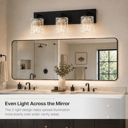 3 Lights Matte Black Crystal Bathroom Vanity Light,Modern Bathroom Wall Light,Crystal Over Mirror Light Fixtures for Living Room, Bedroom, Hallway