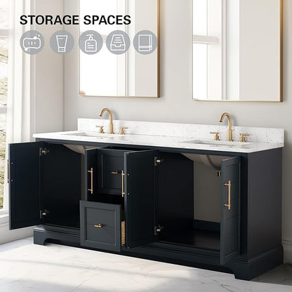 HOMEBEYOND 72 Inch Bathroom Vanity with Double Sink & Ceramic Top, Vanity Cabinet with Center Countertop Basin, Soft-Closing Doors, Backsplash, Vintage Spruce Blue
