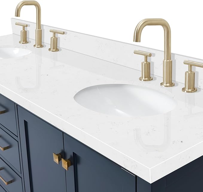 ARIEL Cambridge 72-inch Bathroom Vanity with Sink,Solid Wood, 1.5-inch Carrara White Quartz Countertop, Double Oval Porcelain Sink, 4 Soft Closing Doors, 6 Dovetail Drawers, Midnight Blue