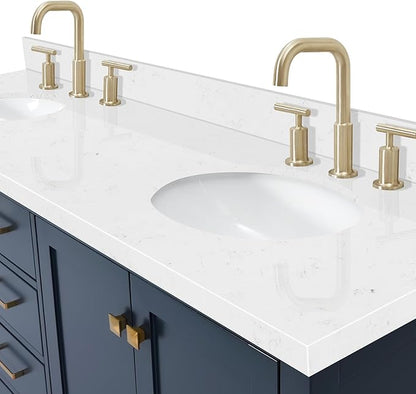 ARIEL Cambridge 72-inch Bathroom Vanity with Sink,Solid Wood, 1.5-inch Carrara White Quartz Countertop, Double Oval Porcelain Sink, 4 Soft Closing Doors, 6 Dovetail Drawers, Midnight Blue