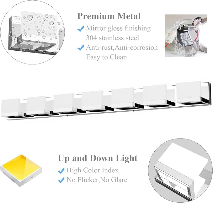 Tipace 8 Lights Modern LED Chrome Vanity Light for Bathroom Wall Light Up and Down LED Bathroom Light Fixtures Over Mirror(White Light 6000K)