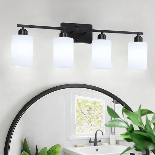4-Light Bathroom Vanity Lights, Modern Vanity Lighting with Milky White Shades, Anti-Rust Black Bathroom Light Fixtures Over Mirror, Bathroom Wall Lamp for Mirror Bathroom Living Room Cabinet
