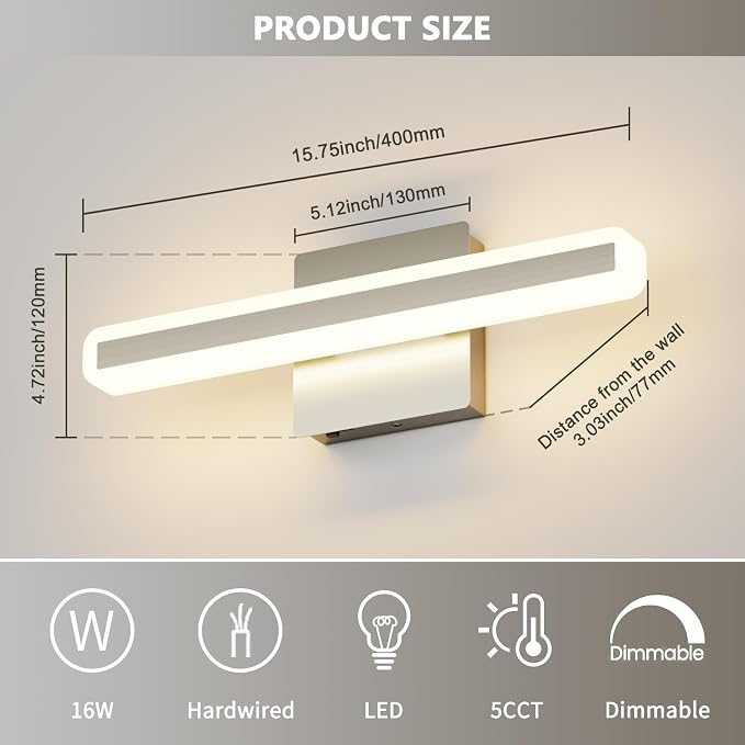 JUSHENG Brushed Nickel Vanity Lights for Bathroom, 5CCT Dimmable Vanity Light Bar, Modern LED Bathroom Lighting Fixtures Above Mirror 16'' Inch 16W
