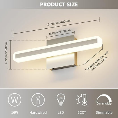JUSHENG Brushed Nickel Vanity Lights for Bathroom, 5CCT Dimmable Vanity Light Bar, Modern LED Bathroom Lighting Fixtures Above Mirror 16'' Inch 16W