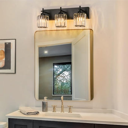 Black Crystal Bathroom Vanity Lights, Modern 3-Lights Bathroom Lighting Fixtures Over Mirror, Crystal Wall Lighting with Round Shade