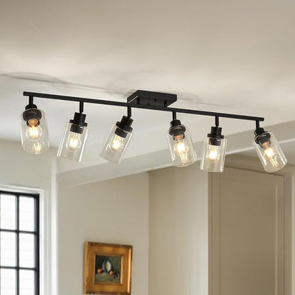 LOUSACE 6 Light Kitchen Track Light Fixtures Ceiling Vanity Lights Black, Bathroom Track Lighting Kit w/Rotatable Heads & Clear Glass Shade, Modern Wall Ceiling Tracking Light for Accent Shop Hallway