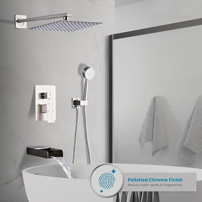 Brushed Nickel Shower Tub Faucet Set Wall Mounted 8 Inch | Shower Heads with Handheld Spray Combo and Tub Shower Faucet, Luxury Bathroom Square Rain Shower System
