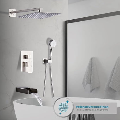 Brushed Nickel Shower Tub Faucet Set Wall Mounted 8 Inch | Shower Heads with Handheld Spray Combo and Tub Shower Faucet, Luxury Bathroom Square Rain Shower System