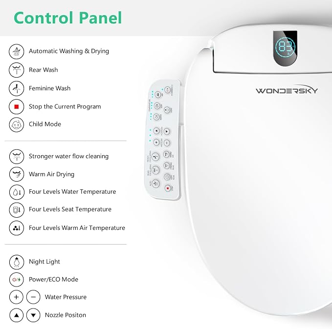 Smart Electric Heated Bidet Toilet Seat, Warm Water & Air Dryer, Round | Multi Wash Modes, Self-Cleaning Nozzle, Soft Close Lid, Side Panel Control, Night Light, LED Display, Adjustable Temperature