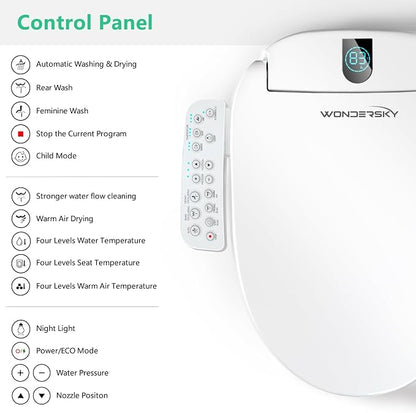 Smart Electric Heated Bidet Toilet Seat, Warm Water & Air Dryer, Round | Multi Wash Modes, Self-Cleaning Nozzle, Soft Close Lid, Side Panel Control, Night Light, LED Display, Adjustable Temperature