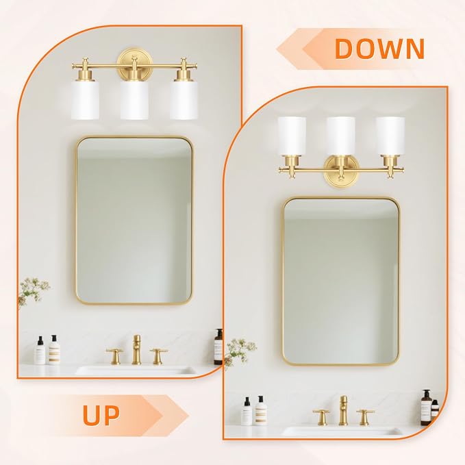 3-Light Gold Bathroom Vanity Light Fixtures, Brushed Gold Wall Sconce, Champagne Gold Vanity Light with Milky White Glass Shade Over Mirror, Bathroom, Bedroom, Modern Style, E26 Base | Champagne Gold Vanity Light Over Mirror with Milky White Glass Shad...