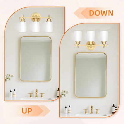 3-Light Gold Bathroom Vanity Light Fixtures, Brushed Gold Wall Sconce, Champagne Gold Vanity Light with Milky White Glass Shade Over Mirror, Bathroom, Bedroom, Modern Style, E26 Base | Champagne Gold Vanity Light Over Mirror with Milky White Glass Shad...