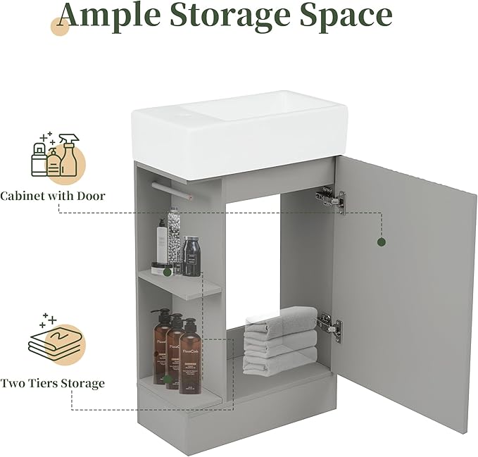 Harper & Bright Designs 18.6" Bathroom Vanity with Sink, Free Standing Single Basin Vanity Set with Storage Cabinet & Two-Tier Shelf, Wooden Cabinet with Ceramic Basin for Bathroom, Grey