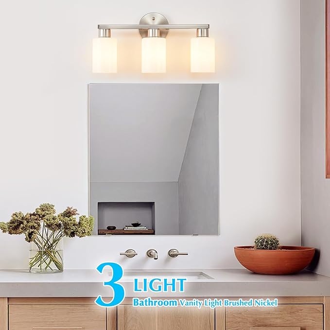 Brushed Nickel 3-Light Bathroom Vanity Light Modern Bathroom Light Fixtures Nickel Vanity Lights with Eye-Friendly Milky White Frosted Glass Shades E26 Socket (Bulbs Not Included)