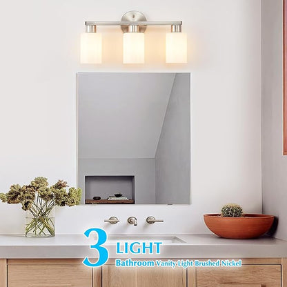 Brushed Nickel 3-Light Bathroom Vanity Light Modern Bathroom Light Fixtures Nickel Vanity Lights with Eye-Friendly Milky White Frosted Glass Shades E26 Socket (Bulbs Not Included)