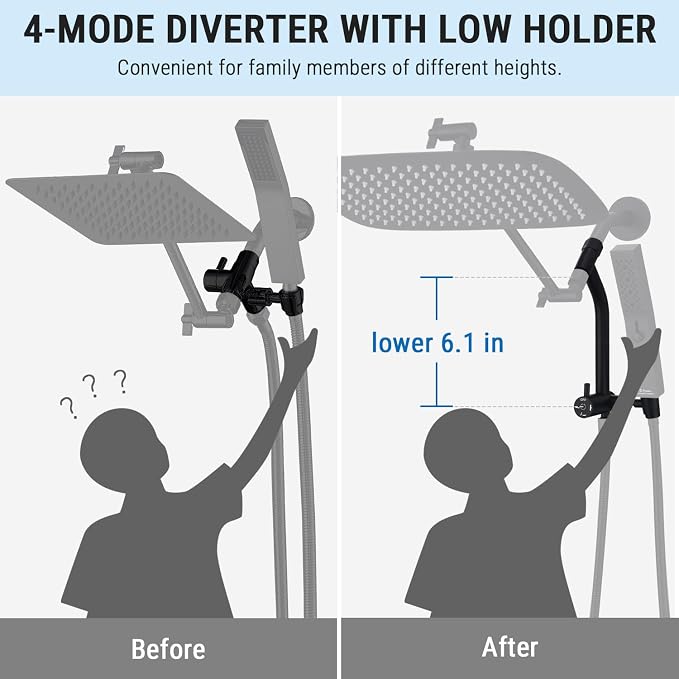 G-Promise 16 Inch All Metal Rain Shower Head with Handheld (Matte Black) | Suits Every Height, Pause Mode Diverter, Massage Mode Handheld, Full Body Coverage, Easy to Install, Modern Bath Upgrade