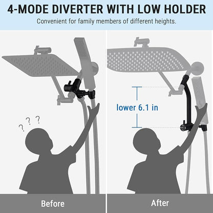 G-Promise 16 Inch All Metal Rain Shower Head with Handheld (Matte Black) | Suits Every Height, Pause Mode Diverter, Massage Mode Handheld, Full Body Coverage, Easy to Install, Modern Bath Upgrade