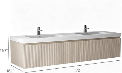 72 Inch Floating Bathroom Vanity with Double Sinks, Wall-Mounted Striped Storage Cabinet with Soft-Close Drawer, Glossy White Solid Surface Basin, Fully Assembled, Natural Oak Finish