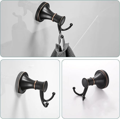 Hoimpro Oil Rubbed Bronze Bathroom Accessory Set, 4-Piece Wall Mount Hardware with Adjustable Towel Bar Rack, Towel Ring, Paper Towel Holder, Double Towel Hooks