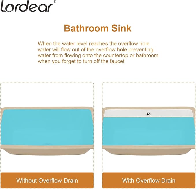 Lordear Undermount Bathroom Sink 20x15 Inch Bathroom Vanity Sink Undermount Rectangle White Porcelain Ceramic Bathroom Under Counter Lavatory Vanity Sink Basin with Overflow