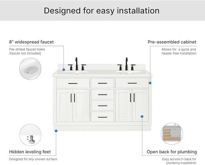 ARIEL Hepburn 60-inch Bathroom Vanity with Sink,Solid Wood, 1.5-inch Pure White Quartz Countertop & Backsplash, Double Oval Porcelain Sink, 4 Soft Closing Doors, 6 Dovetail Drawers, White