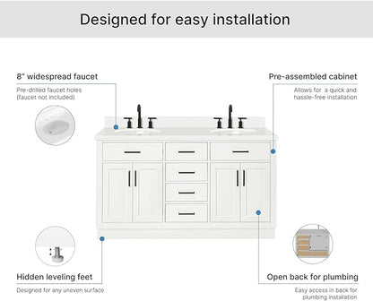 ARIEL Hepburn 60-inch Bathroom Vanity with Sink,Solid Wood, 1.5-inch Pure White Quartz Countertop & Backsplash, Double Oval Porcelain Sink, 4 Soft Closing Doors, 6 Dovetail Drawers, White