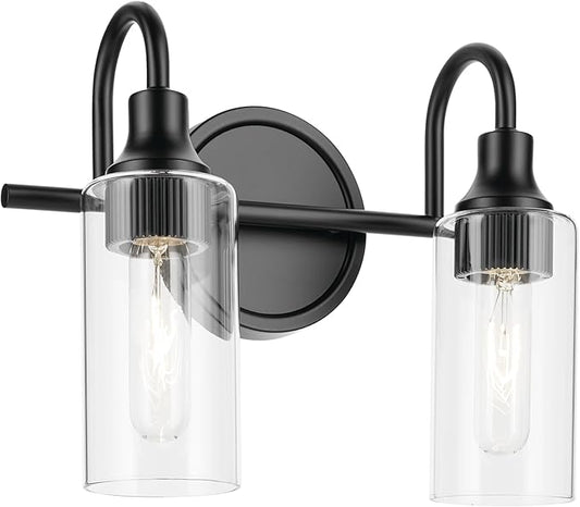 Kichler Kavi 12.5" 2-Light Vanity Light with Clear Glass in Black, Damp Rated, for Bathroom, Powder Room, Over a Mirror, (12.5" W x 10" H), 55210BK