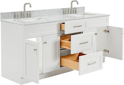 ARIEL Hamlet 72-inch Bathroom Vanity with Sink,Solid Wood, 0.75-inch Italian Carrara Marble Countertop & Backsplash, Double Oval Sink, 4 Soft Closing Doors, 3 Dovetail Drawers, White