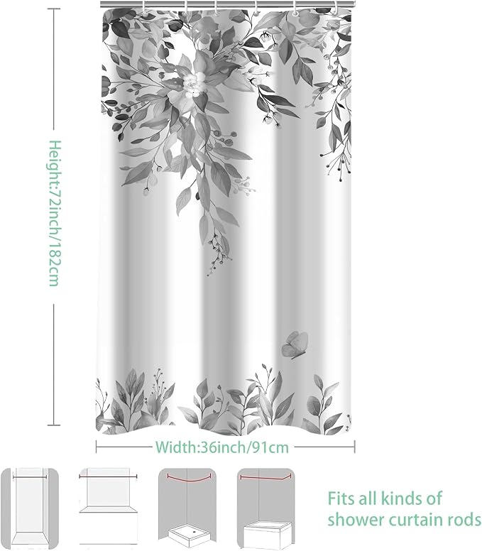 Grey Floral Eucalyptus Shower Curtain with Hooks, 36x72 Inch | Waterproof Fabric, Watercolor Leaves and Floral, Botanical Style, Machine Washable, Quick-Drying, for Hotel Bathroom