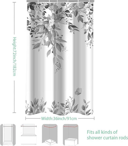 Grey Floral Eucalyptus Shower Curtain with Hooks, 36x72 Inch | Waterproof Fabric, Watercolor Leaves and Floral, Botanical Style, Machine Washable, Quick-Drying, for Hotel Bathroom