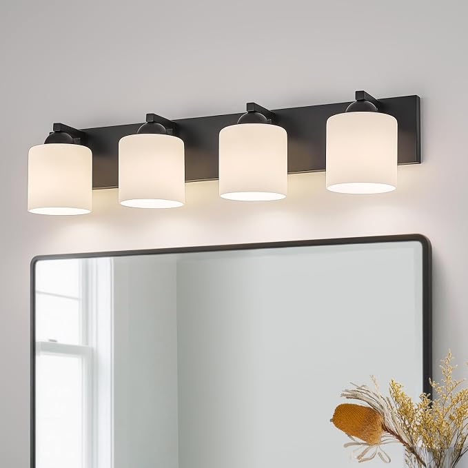 mirrea 4-Light Black Bathroom Vanity Light with White Glass Shades | makeup vanity illumination grooming station light over-sink wall lamp renovate remodel refresh decorate