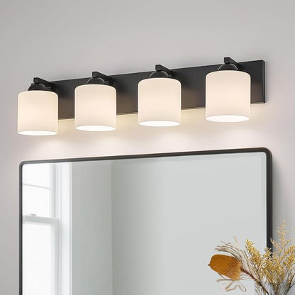 mirrea 4-Light Black Bathroom Vanity Light with White Glass Shades | makeup vanity illumination grooming station light over-sink wall lamp renovate remodel refresh decorate