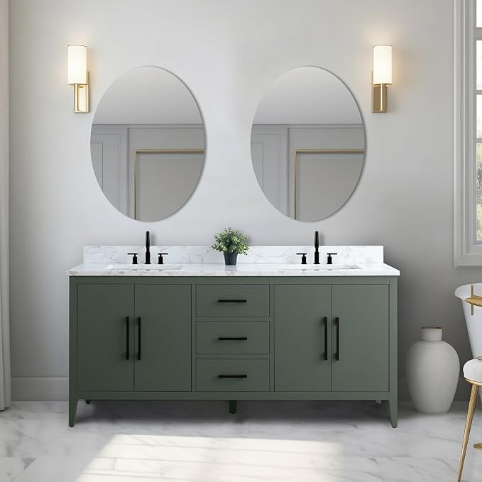 Vanity Art 72 inch Bathroom Vanity with Double Sink & Ceramic Top, Vanity Cabinet with Soft-Closing Doors, Drawers, Solid Wood Frame, Vintage Green, Matte Black Handware