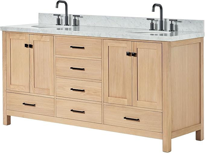 ARIEL Cambridge 72-inch Bathroom Vanity with Sink,Solid Wood, 1.5-inch Italian Carrara Marble Countertop, Double Oval Porcelain Sink, 4 Soft Closing Doors, 6 Dovetail Drawers, White Oak