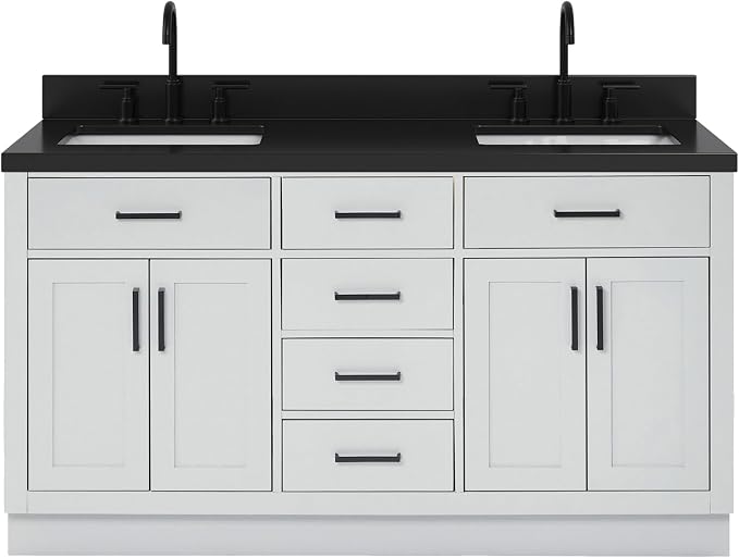 ARIEL Hepburn 60-inch Bathroom Vanity with Sink,Solid Wood, 1.5-inch Carbon Black Quartz Countertop, Double Rectangular Porcelain Sink, Soft Closing Doors, Dovetail Drawers, Grey
