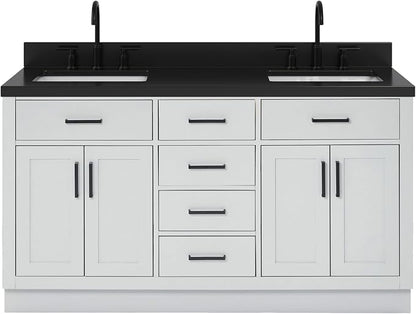 ARIEL Hepburn 60-inch Bathroom Vanity with Sink,Solid Wood, 1.5-inch Carbon Black Quartz Countertop, Double Rectangular Porcelain Sink, Soft Closing Doors, Dovetail Drawers, Grey