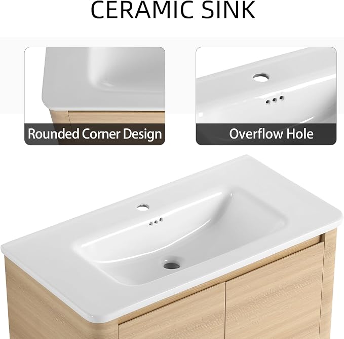 36" Bathroom Vanity with Ceramic Sink, Freestanding Bathroom Vanity with 2-Soft-Close Door, Soft-Closing Hinges & Hidden Handles for Home, Farmhouse, Easy to Clean Design, White Oak