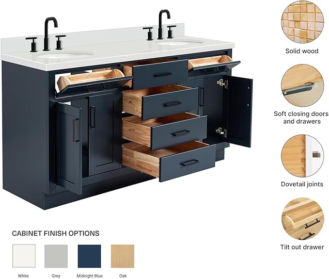 ARIEL Hepburn 66-inch Bathroom Vanity with Sink,Solid Wood, 1.5-inch Pure White Quartz Countertop & Backsplash, Double Oval Porcelain Sink, 4 Soft Closing Doors, 6 Dovetail Drawers, Midnight Blue