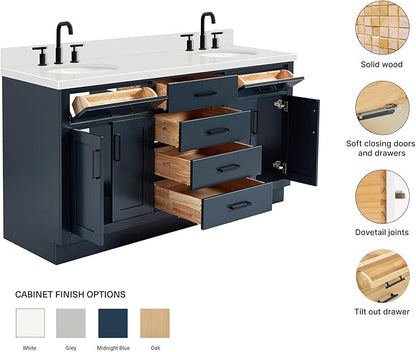 ARIEL Hepburn 66-inch Bathroom Vanity with Sink,Solid Wood, 1.5-inch Pure White Quartz Countertop & Backsplash, Double Oval Porcelain Sink, 4 Soft Closing Doors, 6 Dovetail Drawers, Midnight Blue