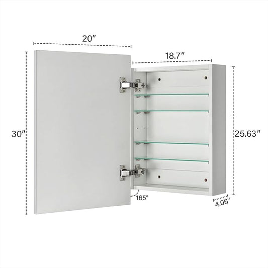 TEHOME 20'' x 30'' Chrome Recessed and Surface Mount Bathroom Medicine Cabinet with Mirror Square Cornered Metal Framed Rounded Rectangle Medicine Cabinet Mirror