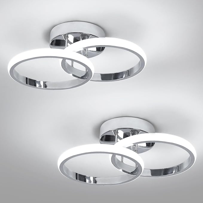 CANEOE 2 Packs Modern Led Ceiling Light Fixtures, 6000K Cool White Hallway Light Fixtures Ceiling, Bathroom Close to Ceiling Lights for Corridor Stair Aisle Lamps (Chrome, 2 Packs)