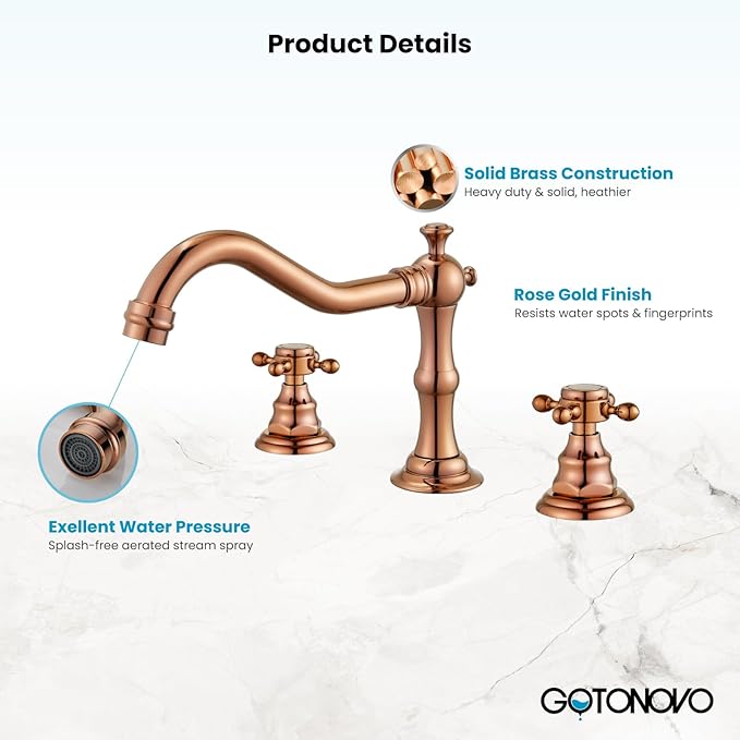 gotonovo 3 Hole Widespread Bathroom Sink Faucet Double Cross Handle Mixer Tap Faucet for Bathroom Sink Vanity Faucet Deck Mount Basin Hot Cold Water Matching Pop Up Drain Rose Gold