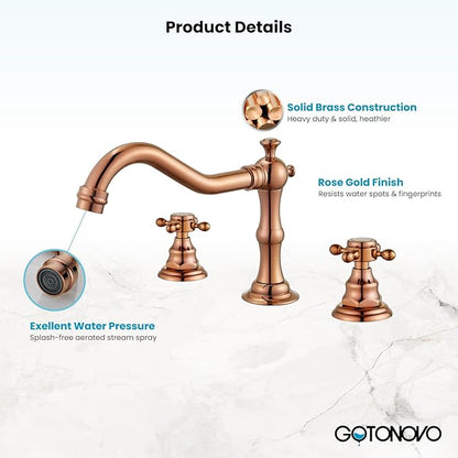 gotonovo 3 Hole Widespread Bathroom Sink Faucet Double Cross Handle Mixer Tap Faucet for Bathroom Sink Vanity Faucet Deck Mount Basin Hot Cold Water Matching Pop Up Drain Rose Gold