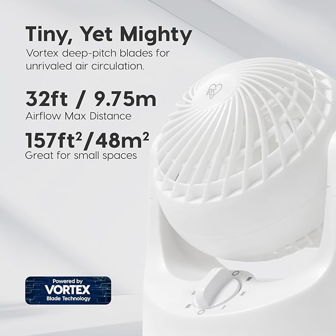IRIS USA WOOZOO Desk Fan, Air Circulator, 3 Speeds, 32ft Max Air Distance, 112° Adjustable Tilt, 27.5db Quiet Motor, Small Fan for Bedroom, Office, Dorm, White
