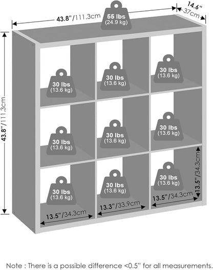Furinno Simple Cube Storage Organizer, 9-Cube Display Shelf, Open Back Shelving Unit, Storage Shelves, Extra Thick Frame, for Organization and Storage, Living Room, Home Office, Light Grey