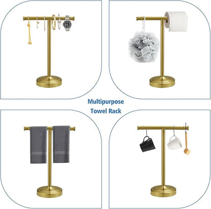 RUMOSE Brushed Gold Hand Towel Holder Stand Countertop Towel Rack | 13 Inch Bathroom Kitchen Vanity T-Shape Towel Stand Free Standing Stainless Steel Towel Bar Towel Ring