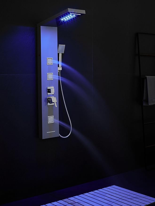 MENATT Shower Panel Tower System with LED Lights, 5 In 1 Shower Panel with Rainfall and Waterfall Shower Head, 3 pcs Massage Spray, Handheld Shower, Waterfall Tub Spout