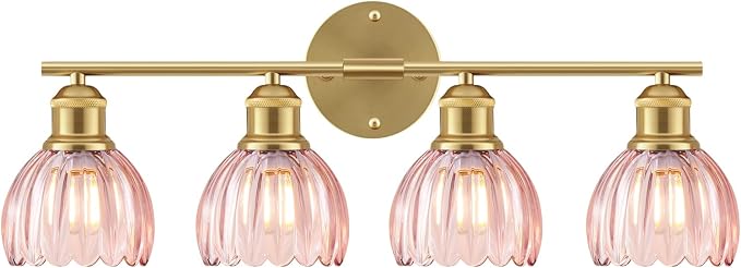 Bathroom Light Fixtures, 4-Light Brushed Gold Vanity Lights for Bathroom with Pink Tulip Glass Shade, 26" Vintage Bathroom Vanity Lighting Fixtures Over Mirror for Bedroom Living Room Hallway