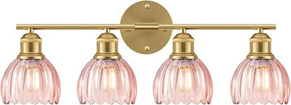 Bathroom Light Fixtures, 4-Light Brushed Gold Vanity Lights for Bathroom with Pink Tulip Glass Shade, 26" Vintage Bathroom Vanity Lighting Fixtures Over Mirror for Bedroom Living Room Hallway