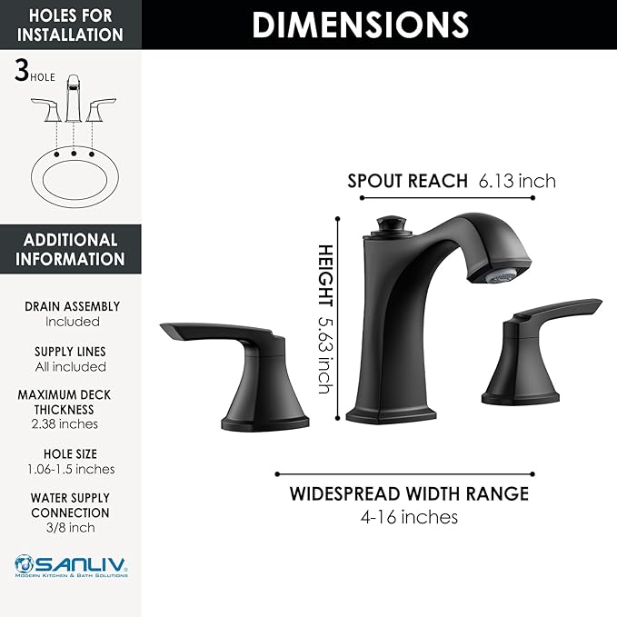 Matte Black Bathroom Faucet 3 Hole, Sanliv Widespread Bathroom Sink Faucet with Pop-Up Drain, 2 Handles Modern Vanity Faucet for 4-8 Inch Wide Spread Sinks, ‎Matte Black